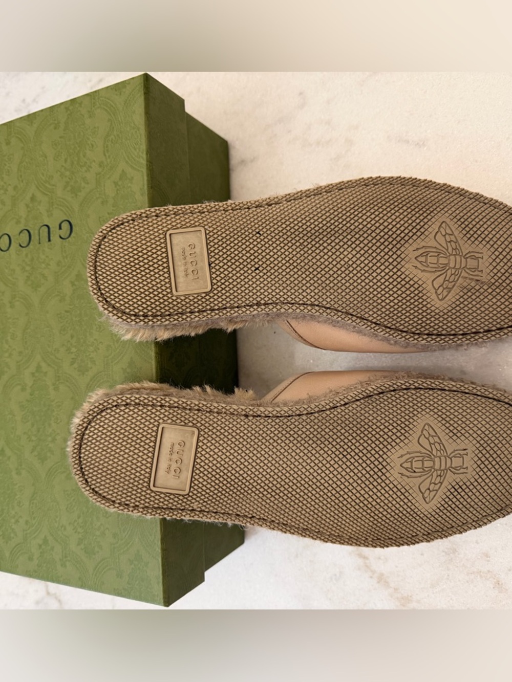 Gucci Beige Leather Fur-Lined Horsebit Mules - Picture 4 of 10